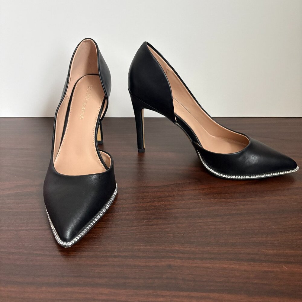 BCBGeneration Women's Harina Black Pointy Toe Silver Trim Heels Elegant Chic 8